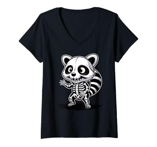 Damen Halloween Hase Skelett Gruselige Hasen Kaninchen T-Shirt mit V-Ausschnitt von Trash Panda Raccoons Raccoon Lover Gifts