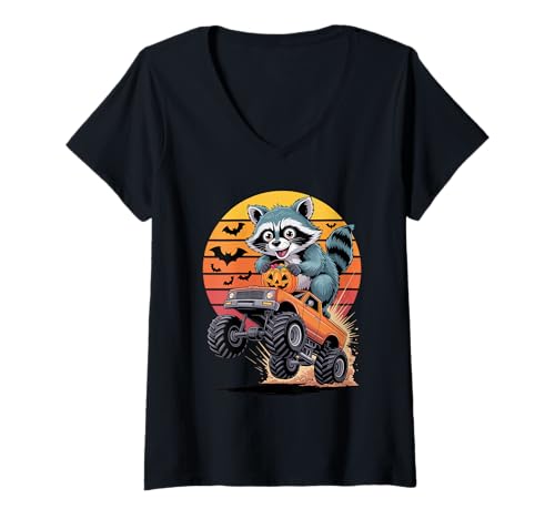 Damen Halloween Monstertruck Waschbär Müllpanda Waschbären T-Shirt mit V-Ausschnitt Damen Halloween Monstertruck Waschbär Müllpanda Waschbären T-Shirt mit V-Ausschnitt von Trash Panda Raccoons Raccoon Lover Gifts