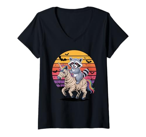 Damen Halloween Mumie Einhorn Waschbär Müllpanda Waschbären T-Shirt mit V-Ausschnitt von Trash Panda Raccoons Raccoon Lover Gifts
