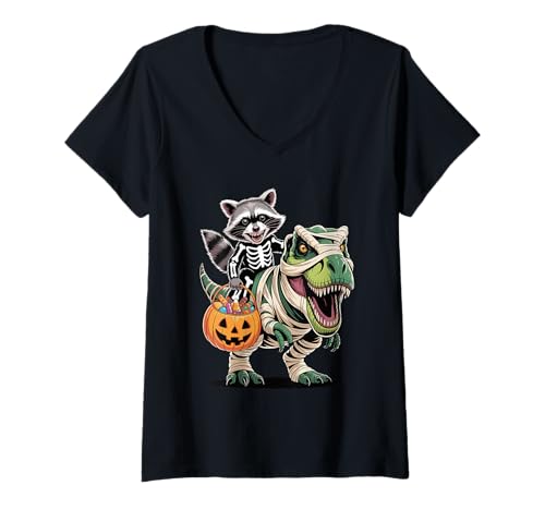 Damen Halloween T-Rex Dinosaurier Waschbär Mumie Tyrannosaurus Rex T-Shirt mit V-Ausschnitt von Trash Panda Raccoons Raccoon Lover Gifts