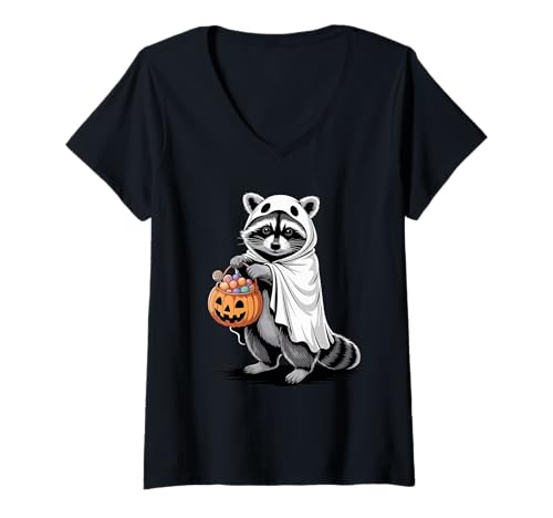 Damen Halloween Waschbär Geist Kürbis Süßes Oder Saures T-Shirt mit V-Ausschnitt von Trash Panda Raccoons Raccoon Lover Gifts