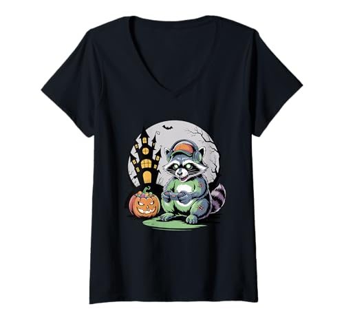 Damen Halloween Zombie Waschbär Gamer Verlassenes Schloss Gaming T-Shirt mit V-Ausschnitt von Trash Panda Raccoons Raccoon Lover Gifts