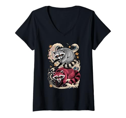 Damen Japanische Kunst Waschbär Gut und Teufel Müllpanda T-Shirt mit V-Ausschnitt von Trash Panda Raccoons Raccoon Lover Gifts