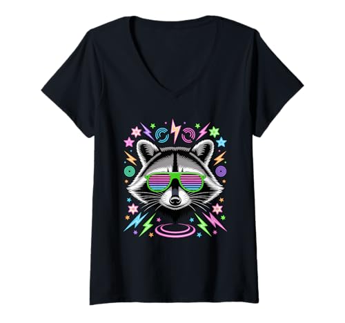 Damen Party Waschbär Sonnenbrille Waschbären T-Shirt mit V-Ausschnitt von Trash Panda Raccoons Raccoon Lover Gifts