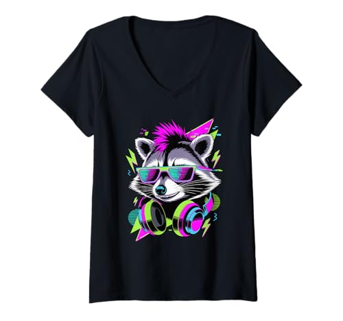 Damen Punk Ära Stil Waschbär Sonnenbrille Müllpanda T-Shirt mit V-Ausschnitt Damen Punk Ära Stil Waschbär Sonnenbrille Müllpanda T-Shirt mit V-Ausschnitt von Trash Panda Raccoons Raccoon Lover Gifts