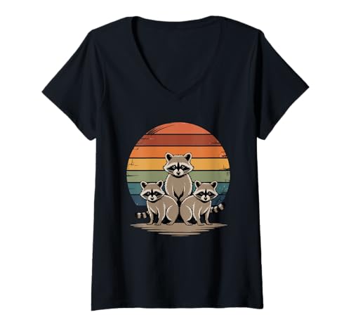Damen Retro Sonnenuntergang Waschbär Silhouette Waschbären T-Shirt mit V-Ausschnitt Damen Retro Sonnenuntergang Waschbär Silhouette Waschbären T-Shirt mit V-Ausschnitt von Trash Panda Raccoons Raccoon Lover Gifts