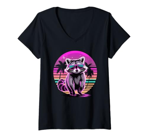 Damen Retro Synthwave Waschbär Sonnenbrille Müllpanda T-Shirt mit V-Ausschnitt von Trash Panda Raccoons Raccoon Lover Gifts