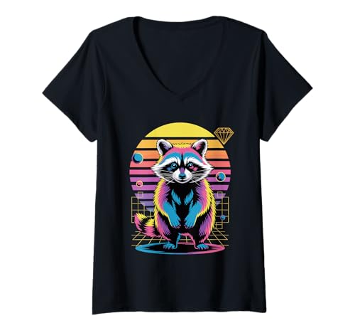 Damen Retro Synthwave Waschbär Trash Panda Waschbären T-Shirt mit V-Ausschnitt von Trash Panda Raccoons Raccoon Lover Gifts