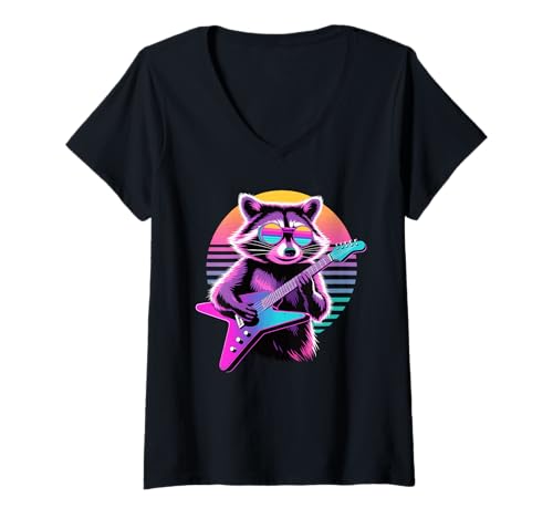 Damen Retro Waschbär Gitarrist Waschbären Gitarre T-Shirt mit V-Ausschnitt Damen Retro Waschbär Gitarrist Waschbären Gitarre T-Shirt mit V-Ausschnitt von Trash Panda Raccoons Raccoon Lover Gifts