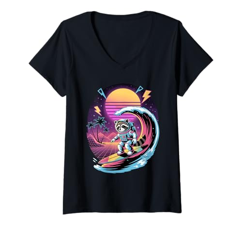 Damen Synthwave Surfer Waschbär Astronaut Waschbären T-Shirt mit V-Ausschnitt von Trash Panda Raccoons Raccoon Lover Gifts