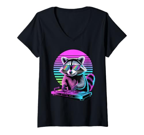 Damen Synthwave Waschbär DJ Sonnenbrille Waschbären T-Shirt mit V-Ausschnitt von Trash Panda Raccoons Raccoon Lover Gifts
