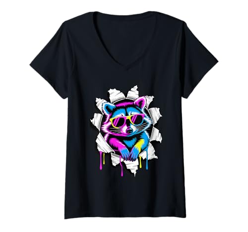 Damen Torn Paper Effect Waschbär Sonnenbrille Müllpanda Waschbären T-Shirt mit V-Ausschnitt von Trash Panda Raccoons Raccoon Lover Gifts