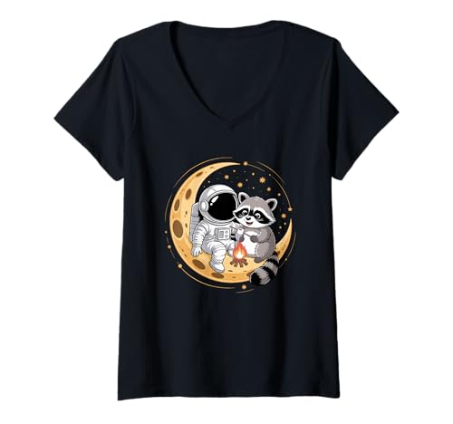 Damen Waschbär Astronaut Lagerfeuer Camping Sichelmond T-Shirt mit V-Ausschnitt von Trash Panda Raccoons Raccoon Lover Gifts