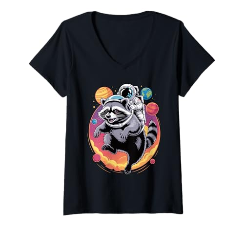 Damen Waschbär Astronaut Waschbären Planeten Sonnensystem T-Shirt mit V-Ausschnitt Damen Waschbär Astronaut Waschbären Planeten Sonnensystem T-Shirt mit V-Ausschnitt von Trash Panda Raccoons Raccoon Lover Gifts