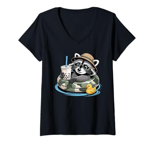 Damen Waschbär Boba Perlen Milchtee Waschbären T-Shirt mit V-Ausschnitt Damen Waschbär Boba Perlen Milchtee Waschbären T-Shirt mit V-Ausschnitt von Trash Panda Raccoons Raccoon Lover Gifts