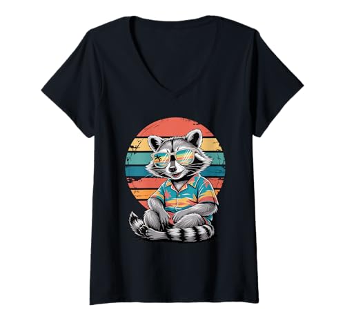 Damen Waschbär Sonnenbrille Hawaii Strand Sommer Urlaub T-Shirt mit V-Ausschnitt von Trash Panda Raccoons Raccoon Lover Gifts
