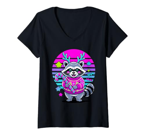 Damen Weihnachten Synthwave Waschbär Müllpanda Waschbären T-Shirt mit V-Ausschnitt Damen Weihnachten Synthwave Waschbär Müllpanda Waschbären T-Shirt mit V-Ausschnitt von Trash Panda Raccoons Raccoon Lover Gifts