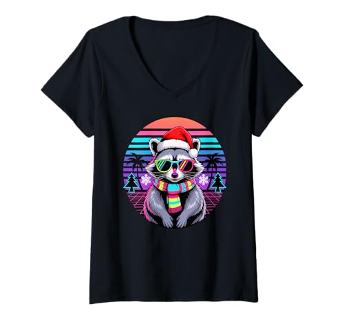 Damen Weihnachten Synthwave Waschbär Sonnenbrille Waschbären T-Shirt mit V-Ausschnitt von Trash Panda Raccoons Raccoon Lover Gifts
