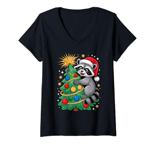 Damen Weihnachtsbaum Waschbär Sonnenbrille Waschbären T-Shirt mit V-Ausschnitt von Trash Panda Raccoons Raccoon Lover Gifts