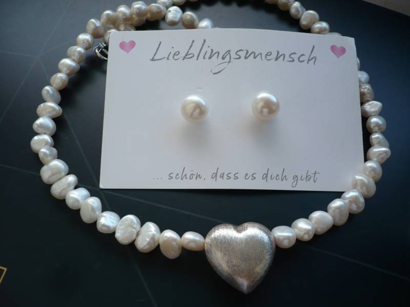 Süßwasserperlenkette Mit Echt Silber Herz, Echte Perlenkette, Brautschmuck, Perlenschmuck, Handgefertigte Perlenkette, Halskette Mit Perlen von TraumPerlenWerk