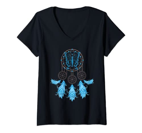 Damen Indianer Schmuck Esoterik Boho Schmetterling Traumfänger T-Shirt mit V-Ausschnitt Damen Indianer Schmuck Esoterik Boho Schmetterling Traumfänger T-Shirt mit V-Ausschnitt von Traumfänger Indianer Schmuck Geschenk