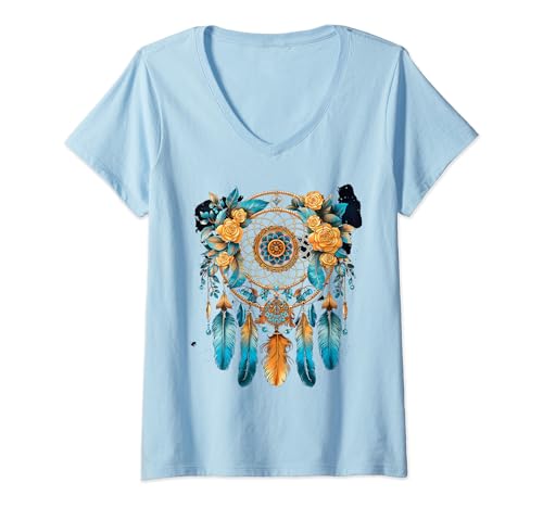Damen dreamcatcher Traumfänger aus indianischen Federn T-Shirt mit V-Ausschnitt von Traumfänger Outfits für native Amerikaner
