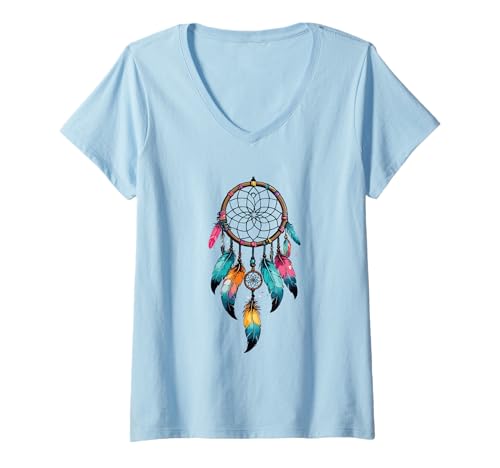 Damen Traumfänger mit Federn Indianer Dreamcatcher Traumfänger T-Shirt mit V-Ausschnitt Damen Traumfänger mit Federn Indianer Dreamcatcher Traumfänger T-Shirt mit V-Ausschnitt von Traumfänger mit Federn Dreamcatcher