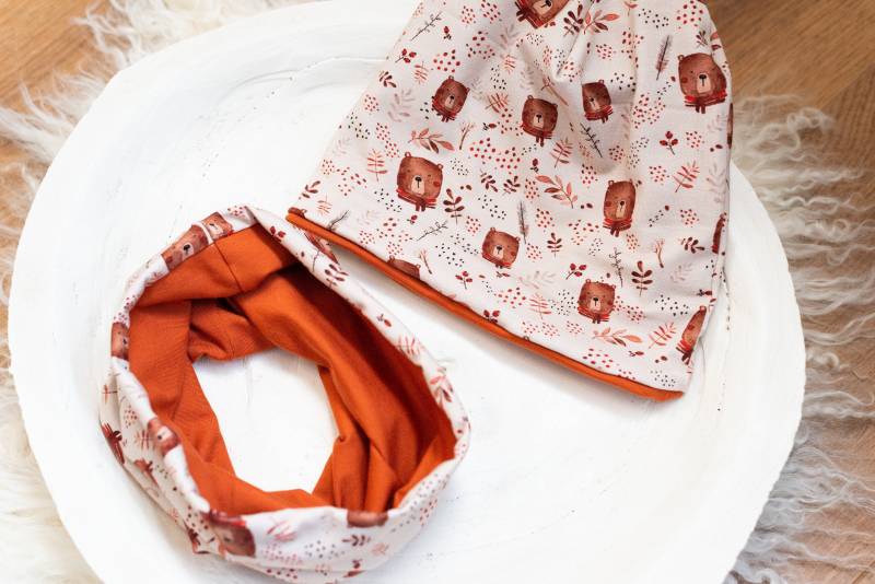 Beanie Und Loop Set Kinder Baby Mütze Schal Jersey Bären Wintermütze von Traumpony