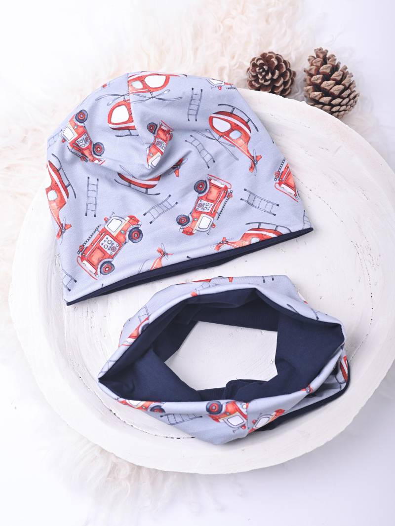 Beanie Und Loop Set Kinder Baby Mütze Schal Jersey Feuerwehr Wintermütze Übergangsmütze von Traumpony