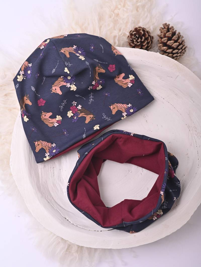 Beanie Und Loop Set Kinder Baby Mütze Schal Jersey Pferde Wintermütze Übergangsmütze von Traumpony