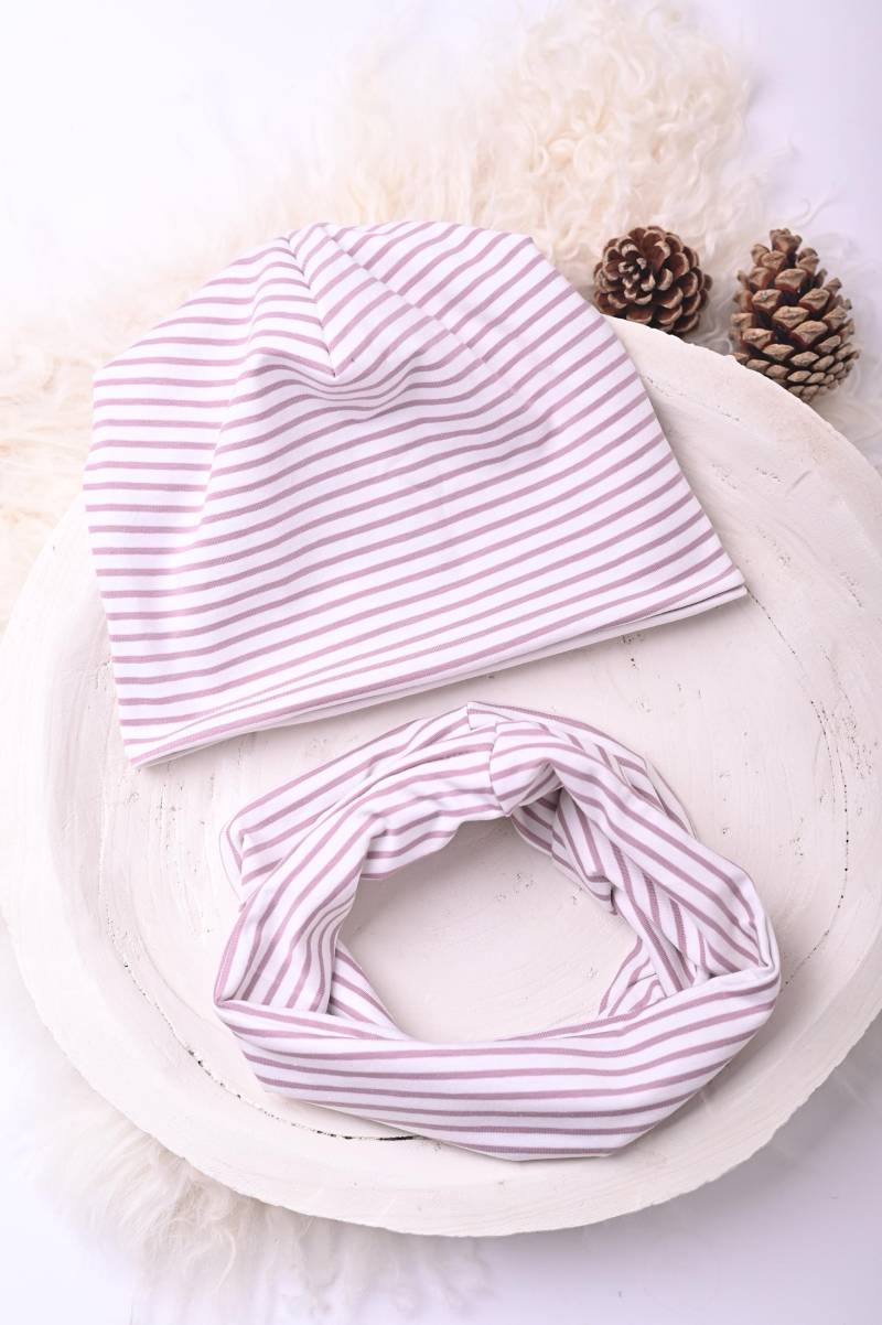 Beanie Und Loop Set Kinder Baby Mütze Schal Jersey Ringel Streifen Wintermütze Übergangsmütze Kindermütze Mädchen von Traumpony