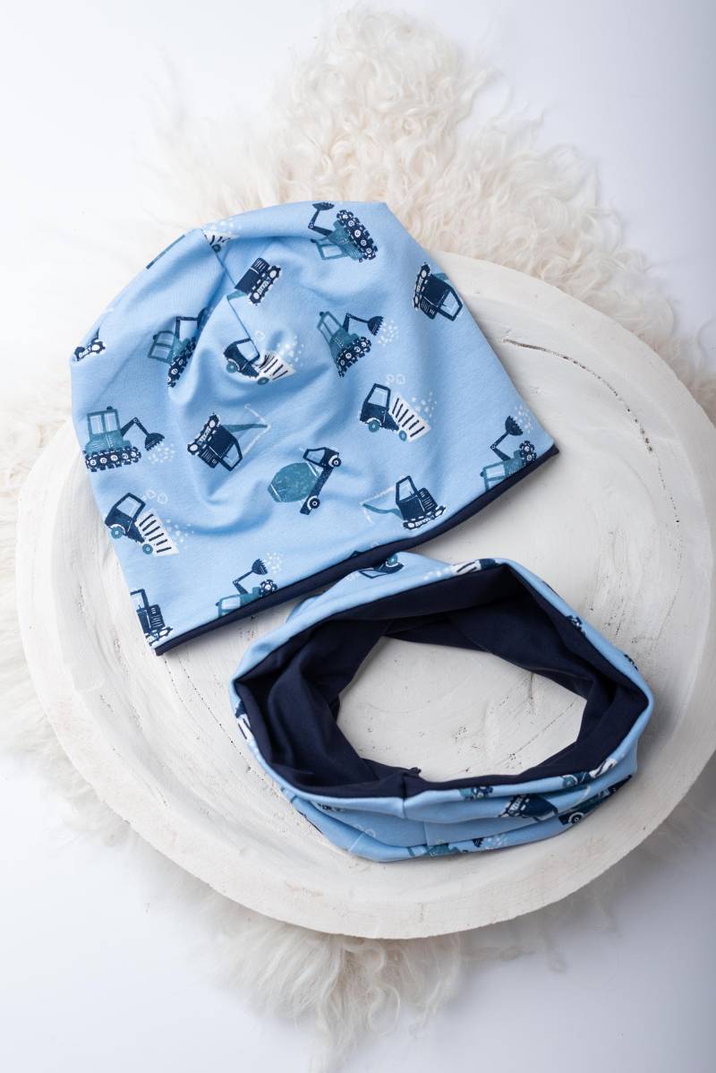 Beanie Und Loop Set Kinder Baby Mütze Schal Jersey Traktor Bagger Wintermütze Übergangsmütze von Traumpony