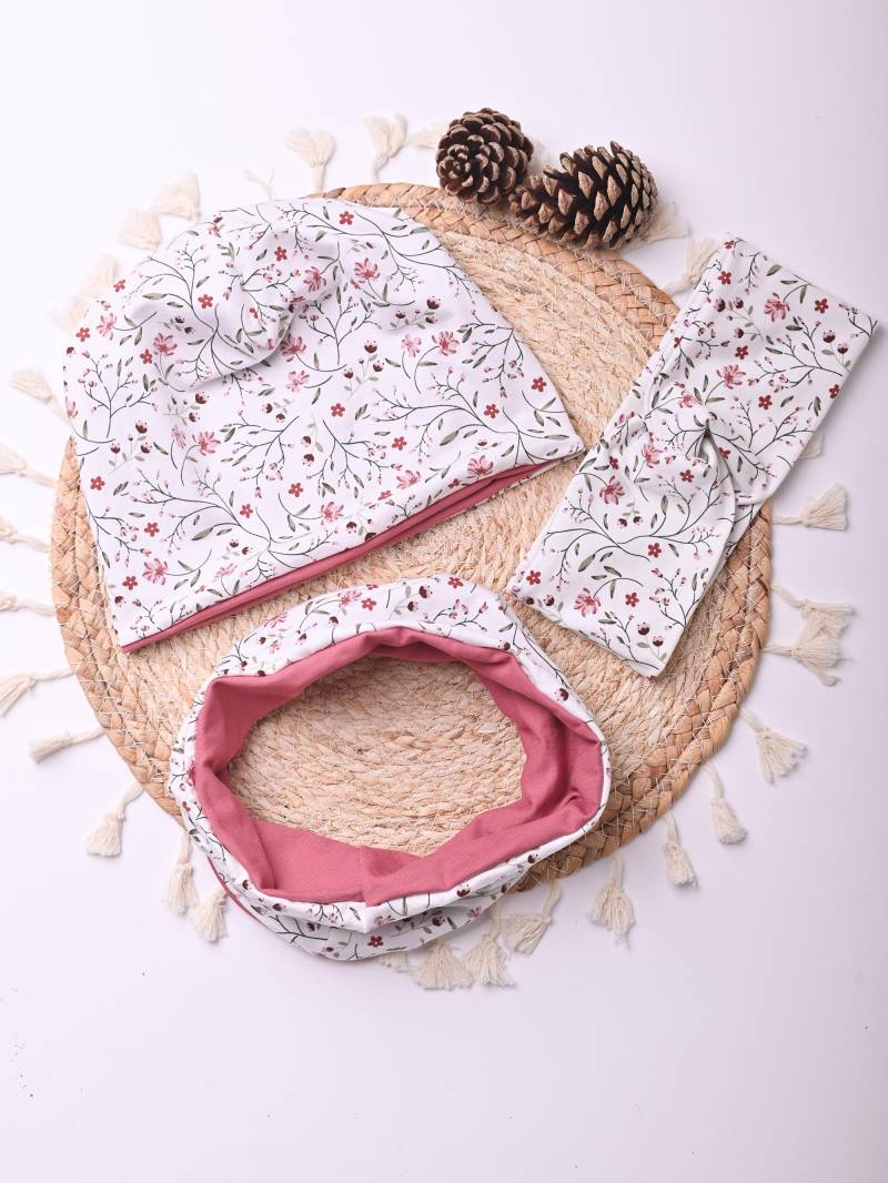Beanie Und Loop Set Kopfband Stirnband Kinder Baby Mütze Schal Jersey Blumen Wintermütze Übergangsmütze von Traumpony