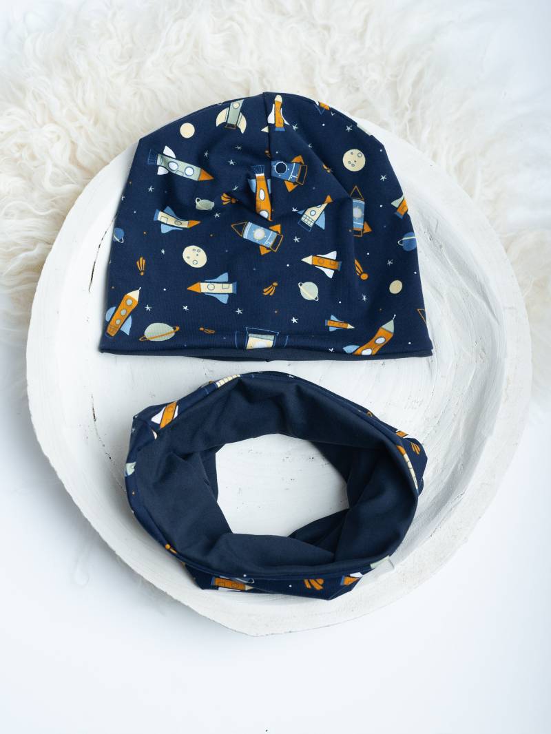 Mütze Set Kinder Baby Winter Herbst Schal Jersey Weltall Raketen Wintermütze Übergangsmütze von Traumpony