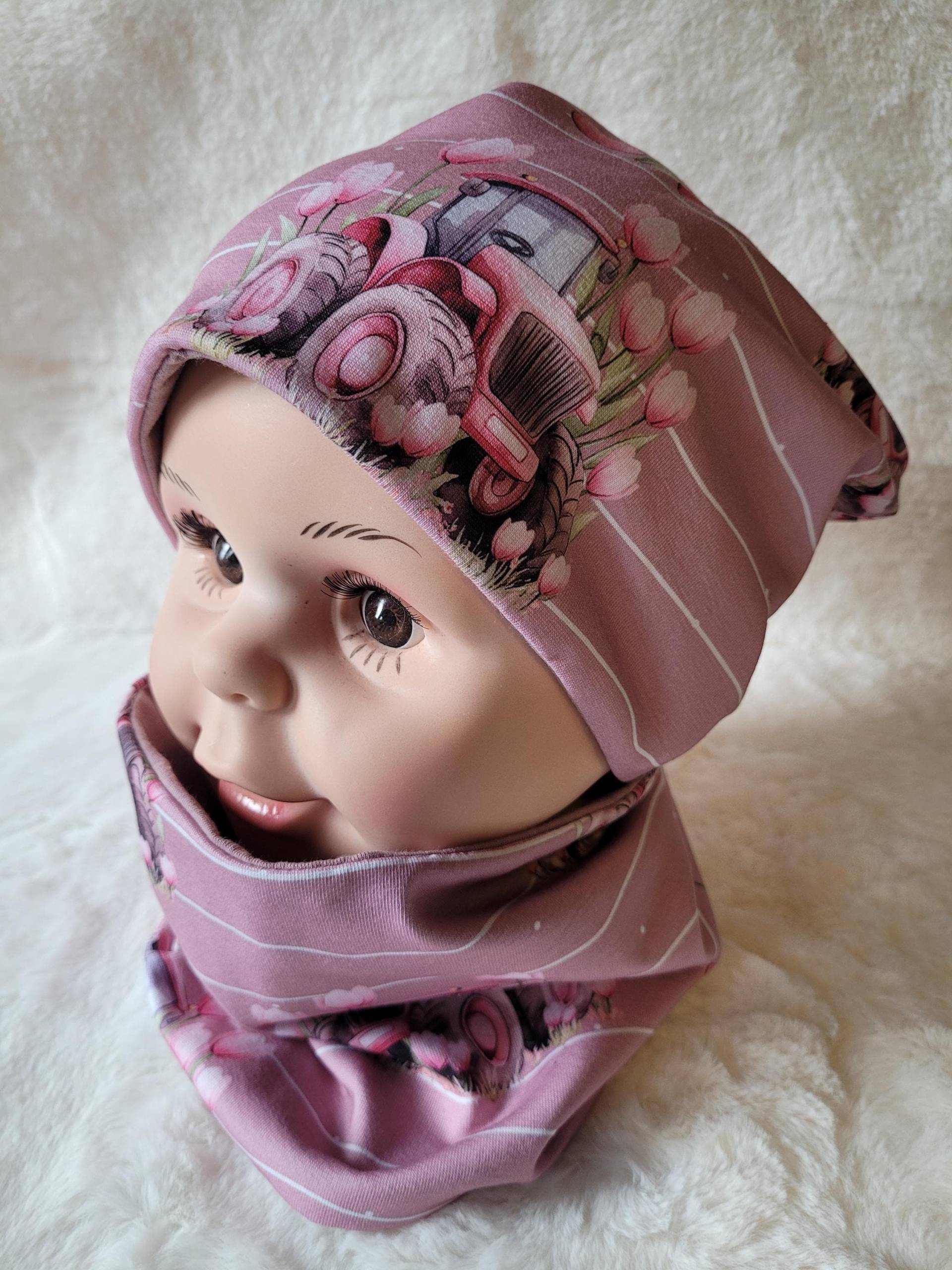 Mütze Und Halssocke, Beanie Loop, Kindermütze, Mädchen, Traktor, Trecker, Landwirtschaft, Rosa, Blumen, Geschenk, Geburtstag von TraumstueckeByNadine