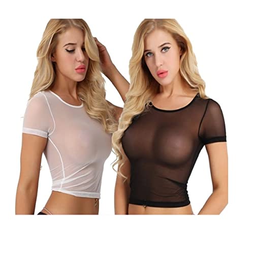 2PC Damen Durchsichtig Top Shirt Mesh Kurzarm T-Shirt Tunika Tank Bauchfrei Oberteil Reizwäsche Unterhemd Clubwear Transparent Tüll Mesh Shirt D10 von Traumzimmer