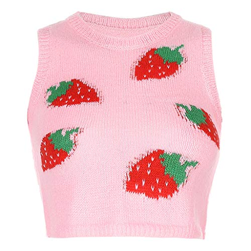 Strickpullover Crop Damen Pullunder Britischen Style Vintage Erdbeere Druck Pulli Strickwestenpullover Mädchen Tank Top Strickweste Ärmellos College-Stil Kurz Weste Oberteil Top Herbst Winter von Traumzimmer