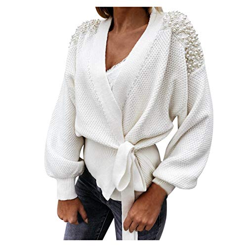 Traumzimmer Damen Strickpullover Langarm V-Ausschnitt Bowknot Pearl Einfarbig Pullover Warm Oberteil Tops Streifen Sweater Elegant Herbst Winter Sweatshirt von Traumzimmer