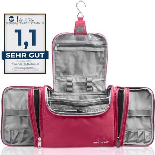 TRAVANDO Kulturbeutel Damen Groß Beauty Case zum Aufhängen Maxi Kulturtasche Frauen Waschbeutel Reise Toilettentasche Toiletttasche Kosmetiktasche Fächer Waschtasche Washbag (Groß, Rot) von TRAVANDO