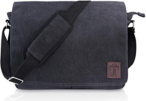 TRAVANDO Laptoptasche 14-16 Zoll Laptop Tasche Herren Umhängetasche Canvas Segeltuch Kuriertasche Messenger Bag Herren für Arbeit Schule Freizeit Notebook Tasche (Schwarz) von TRAVANDO