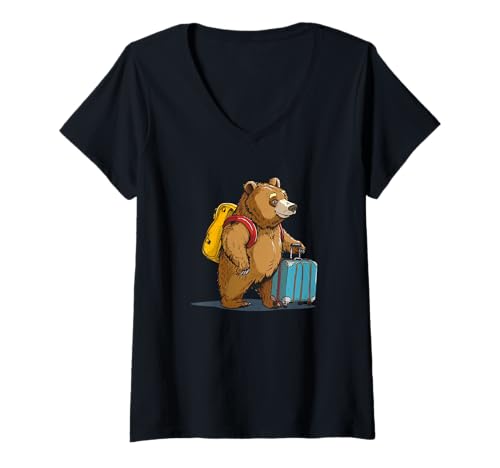 Damen Niedlicher Bär, bereit zum Reisen mit Koffer für einen fröhlichen Look T-Shirt mit V-Ausschnitt von Travel Bear Outfit