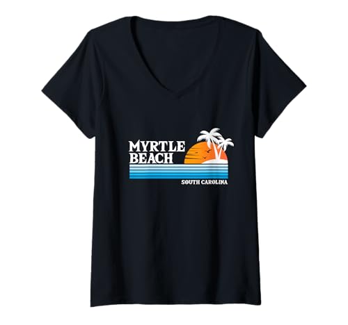 Damen Tropischer Urlaub in Myrtle Beach, USA, Vintage-Stil, 80er-Stil, Sonnenuntergang T-Shirt mit V-Ausschnitt Damen Tropischer Urlaub in Myrtle Beach, USA, Vintage-Stil, 80er-Stil, Sonnenuntergang T-Shirt mit V-Ausschnitt von Travel Cities Beach Palm Trees Retro Sunset Design