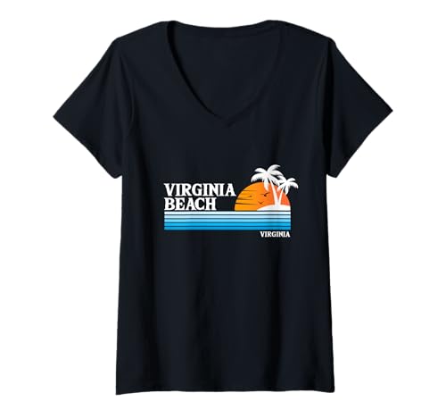 Damen Virginia Beach Tropical Vacation Vintage 80er Jahre Stil Sonnenuntergang T-Shirt mit V-Ausschnitt Damen Virginia Beach Tropical Vacation Vintage 80er Jahre Stil Sonnenuntergang T-Shirt mit V-Ausschnitt von Travel Cities Beach Palm Trees Retro Sunset Design