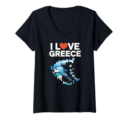 Damen Ich Liebe Griechenland Karte Parthenon Herz T-Shirt mit V-Ausschnitt von Travel Enthusiasts Greek Heritage Love