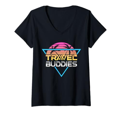 Damen Travel Buddies Traveller Flug Urlaub Mädchenreise T-Shirt mit V-Ausschnitt Damen Travel Buddies Traveller Flug Urlaub Mädchenreise T-Shirt mit V-Ausschnitt von Travel Matching Vacation Apparel World Map Corp