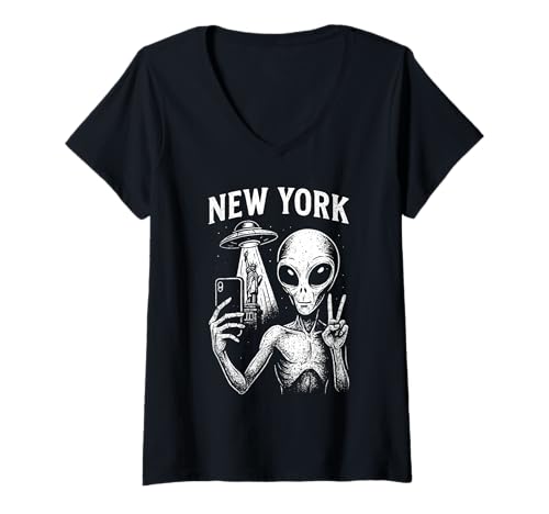 Damen UFO Invasion Alien Peace Zeichen Meme New York Travel T-Shirt mit V-Ausschnitt Damen UFO Invasion Alien Peace Zeichen Meme New York Travel T-Shirt mit V-Ausschnitt von Travel New York Invasion UFO Alien Peace Sign