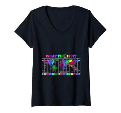 Damen Wie viel Uhr ist es? Weltzeitzonenkarte T-Shirt mit V-Ausschnitt Damen Wie viel Uhr ist es? Weltzeitzonenkarte T-Shirt mit V-Ausschnitt von Travel gadgets Atlas Hours Chart