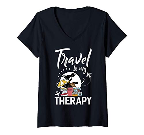Damen Travel is My Therapy T-Shirt mit V-Ausschnitt Damen Travel is My Therapy T-Shirt mit V-Ausschnitt von Travel is My Therapy