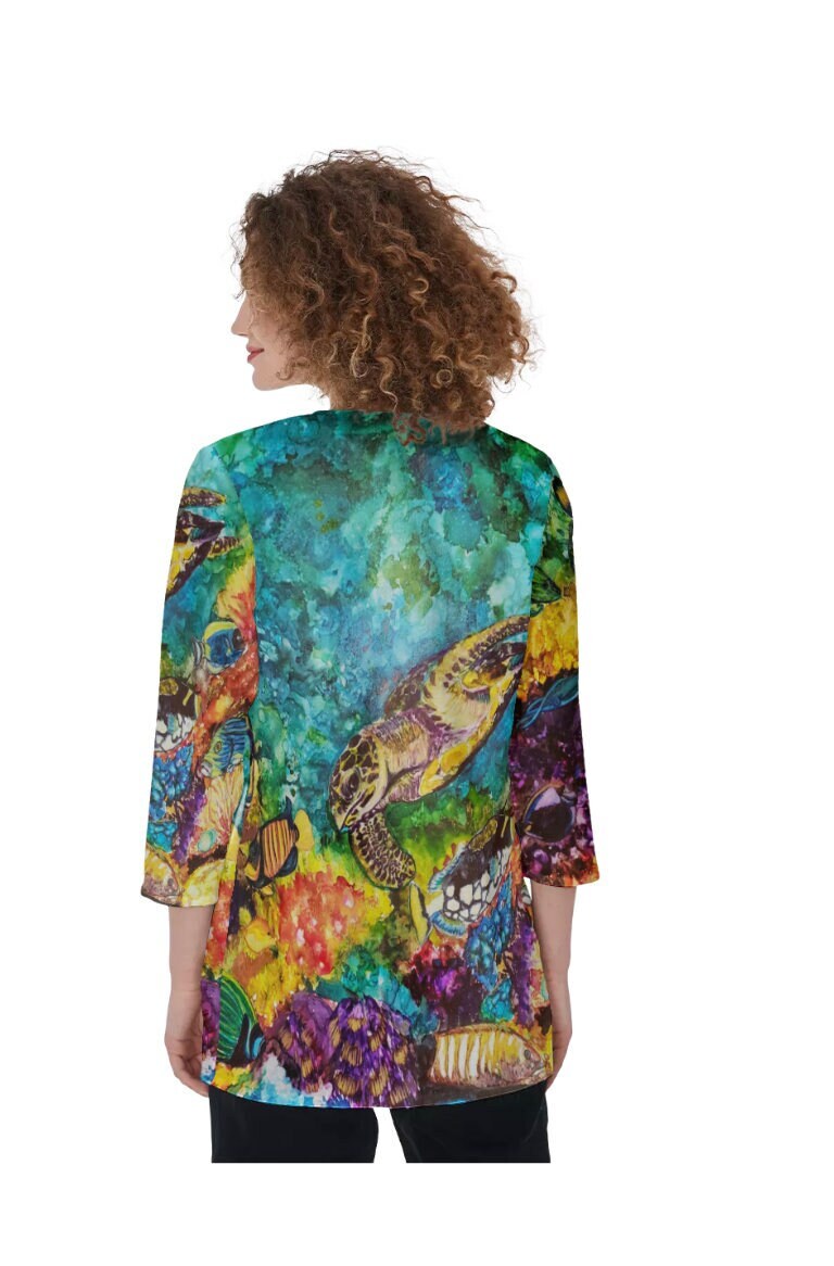 Colorful Ocean Painting Overshirt - All-Over-Print Cardigan- Coverup- Open Front Shirt- 3/4 Sleeve Length- Original von TravelPaintCreate