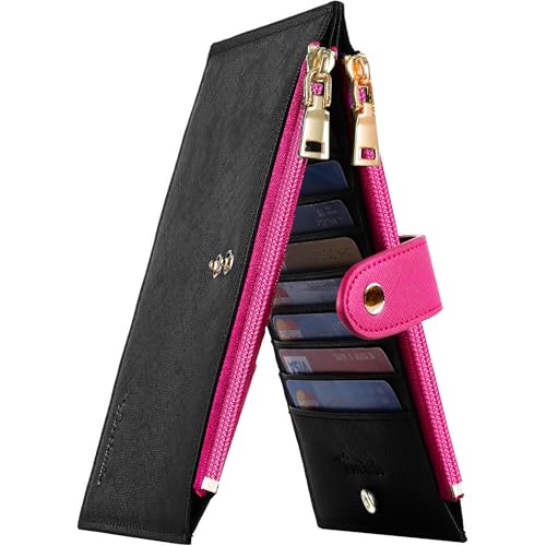 Travelambo RFID-Geldbörse für Damen, groß, faltbar, mehrere Karten, mit Reißverschlussfach, Kreditkartenfach für Damen, Schwarz und Rosarot, Minimalistisch von Travelambo